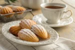 Freshly baked Madeline cookies dusted with powdered sugar on a white plate.