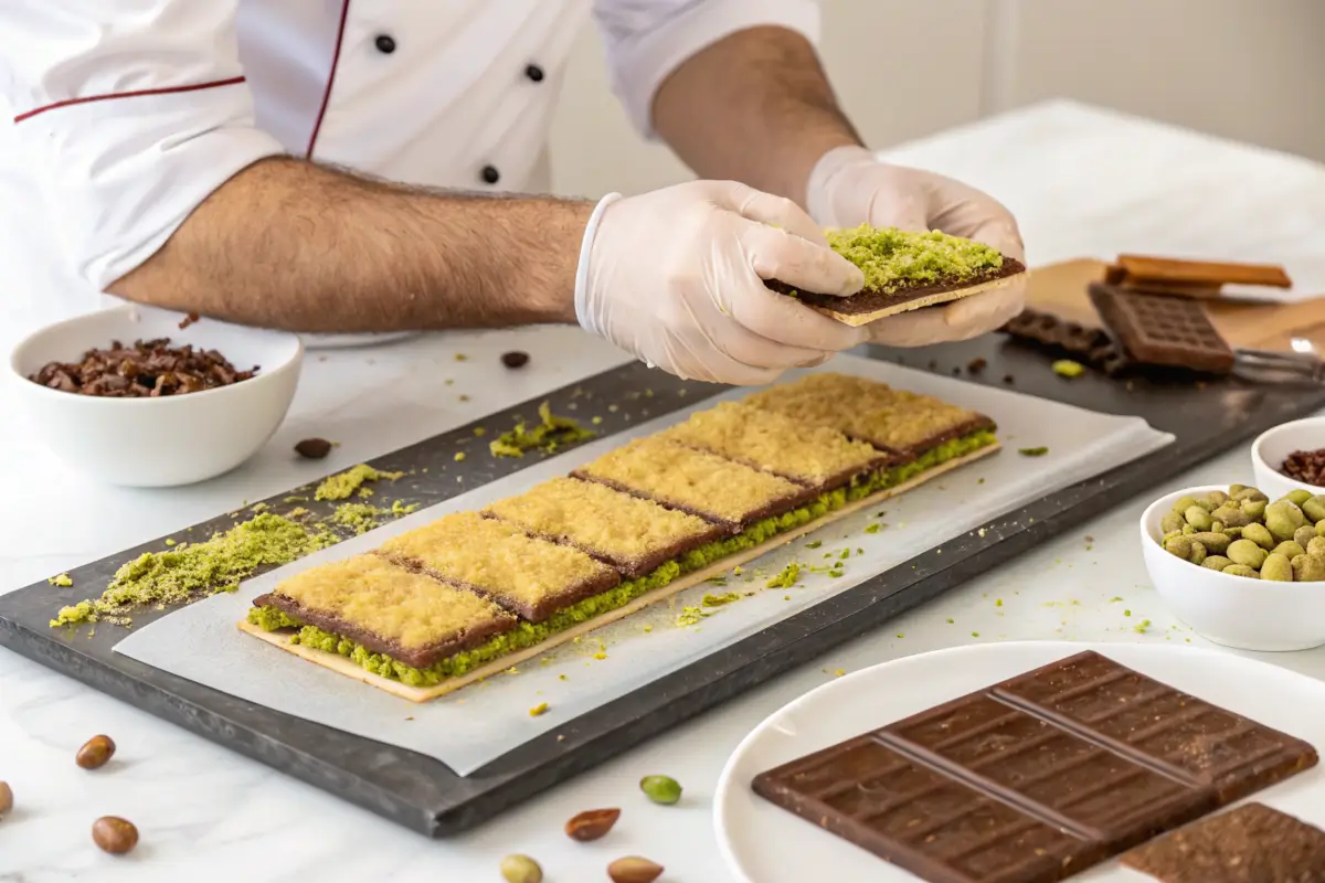 Chef layering kataifi pastry with pistachio cream for a Dubai chocolate bar.