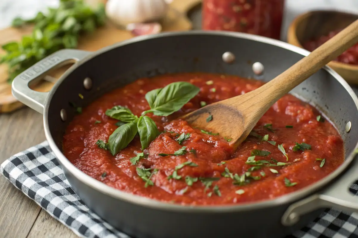 Homemade sweet pizza sauce in a saucepan.