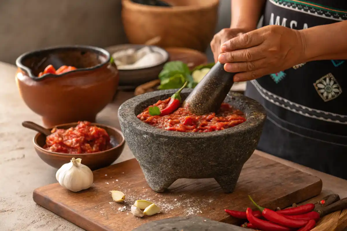 Molcajete grinding roasted ingredients for salsa roja