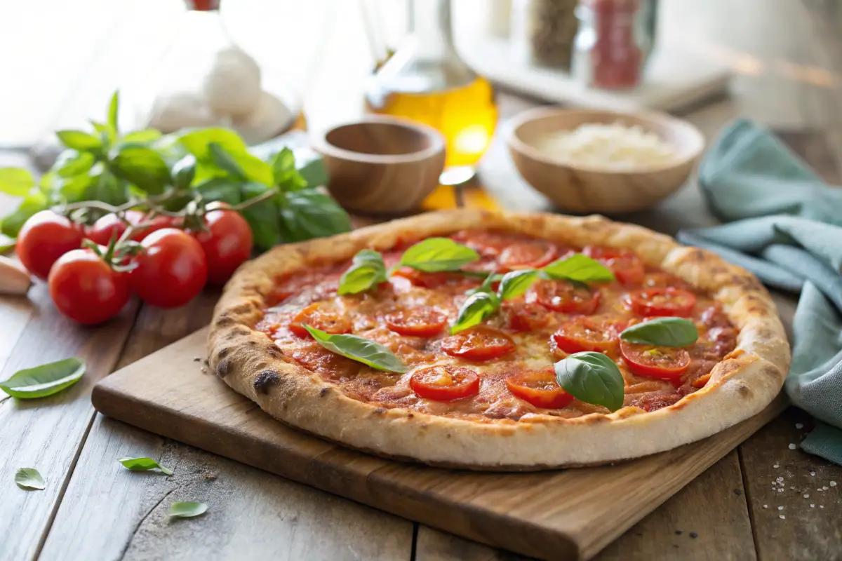 Homemade pizza with Mark’s Pizza Sweet Sauce topped with fresh basil.