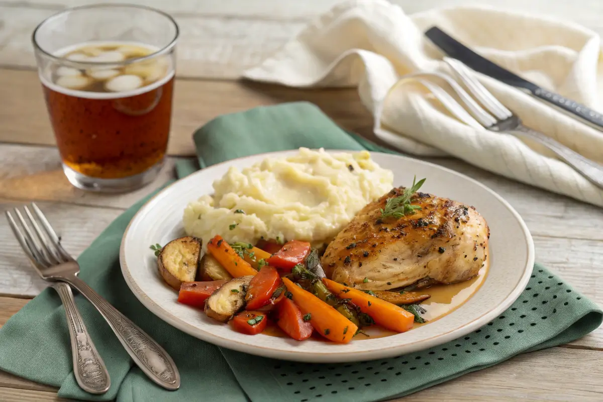 Marry Me Chicken with mashed potatoes and roasted vegetables.