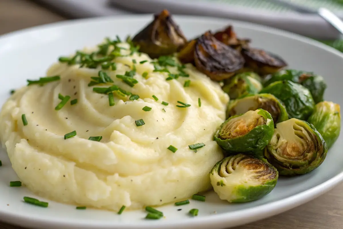 Creamy mashed potatoes with chives and roasted Brussels sprouts