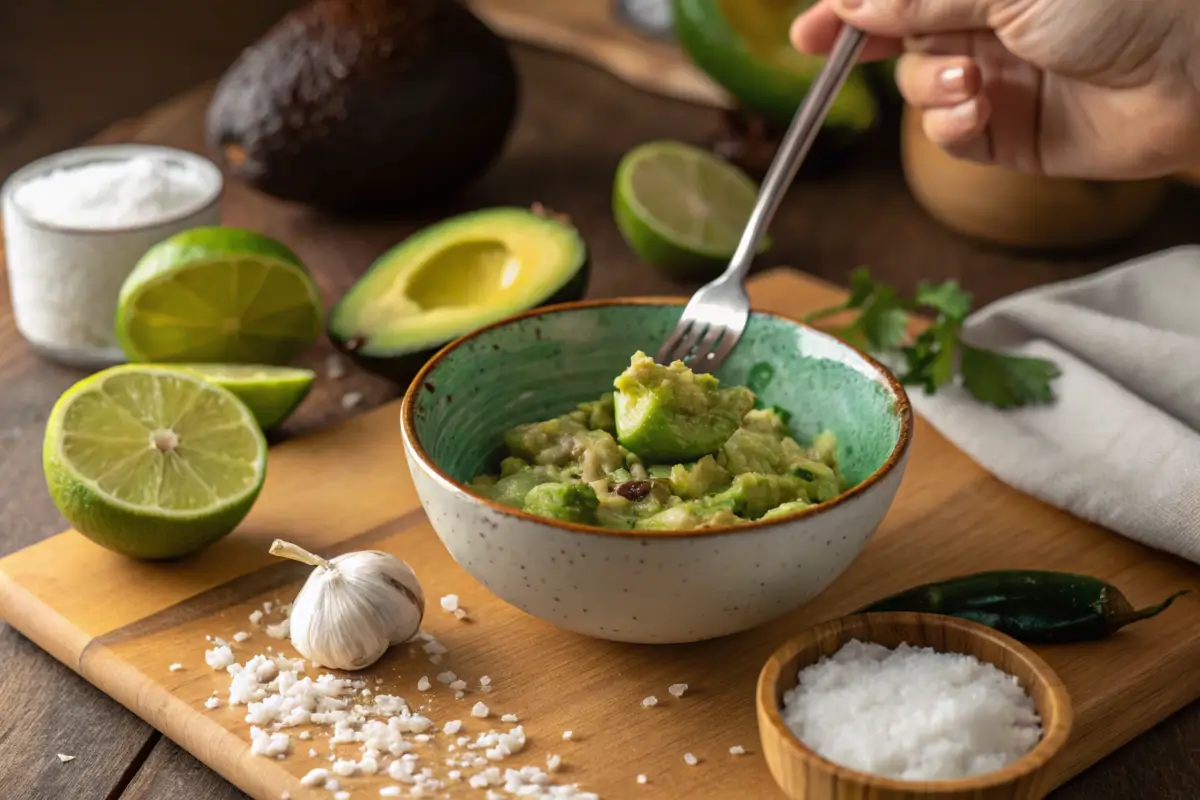 Mashing avocados for guacamole recipe.