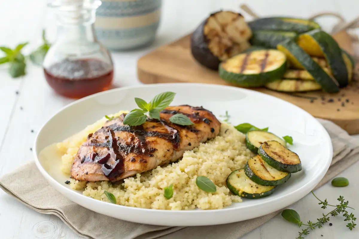 Mediterranean balsamic chicken with couscous and grilled zucchini