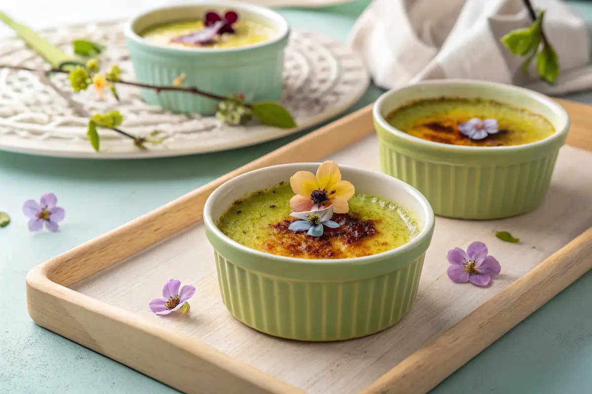 Matcha crème brûlée garnished with edible flowers on a wooden tray.