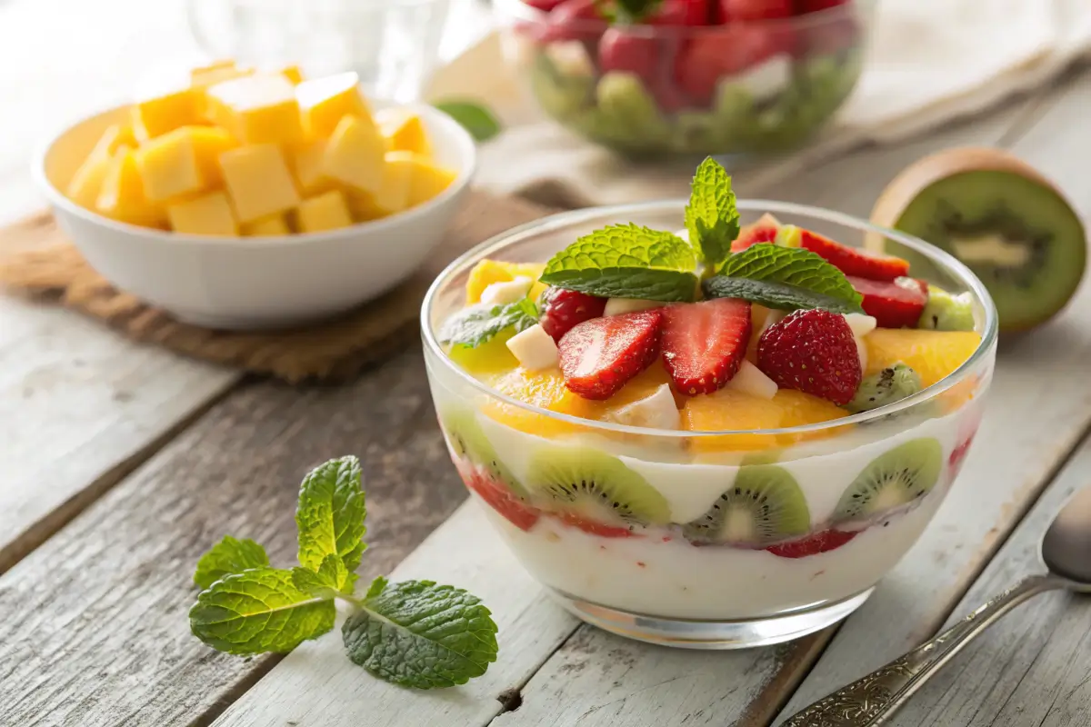 Nata fruit pudding with tropical fruits and nata de coco in a glass bowl.