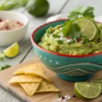 Bowl of freshly made 4 ingredient guacamole with lime and chips.