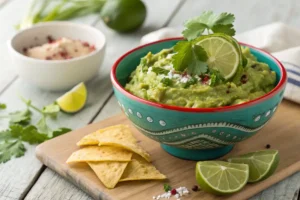 Bowl of freshly made 4 ingredient guacamole with lime and chips.