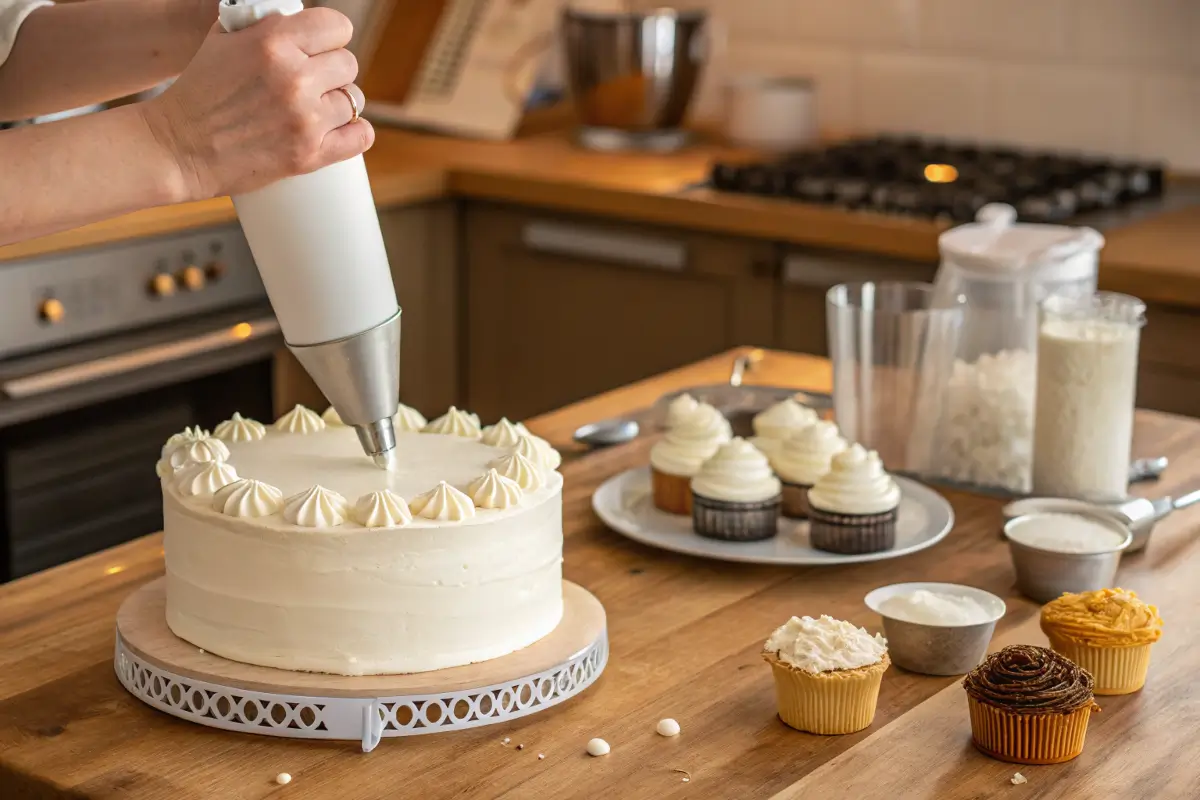 Baker piping white clouds onto a cake with a round nozzle