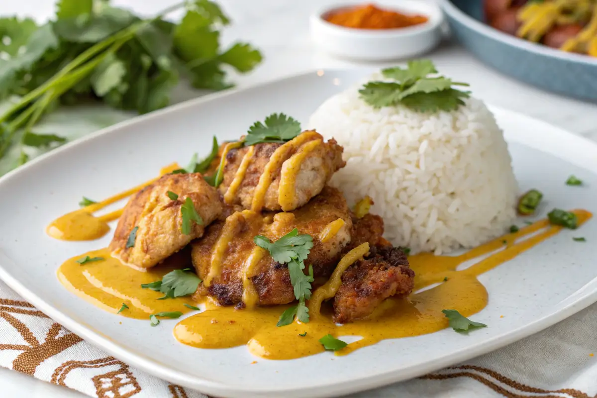 Churu Chicken Amarillo with golden amarillo sauce and rice.