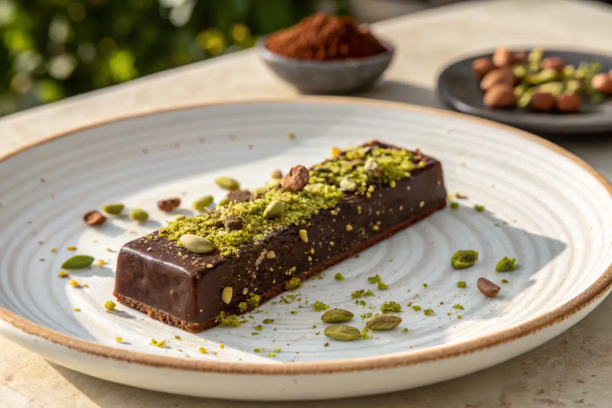 Finished Dubai chocolate bar served with crushed pistachios and kataifi garnish.