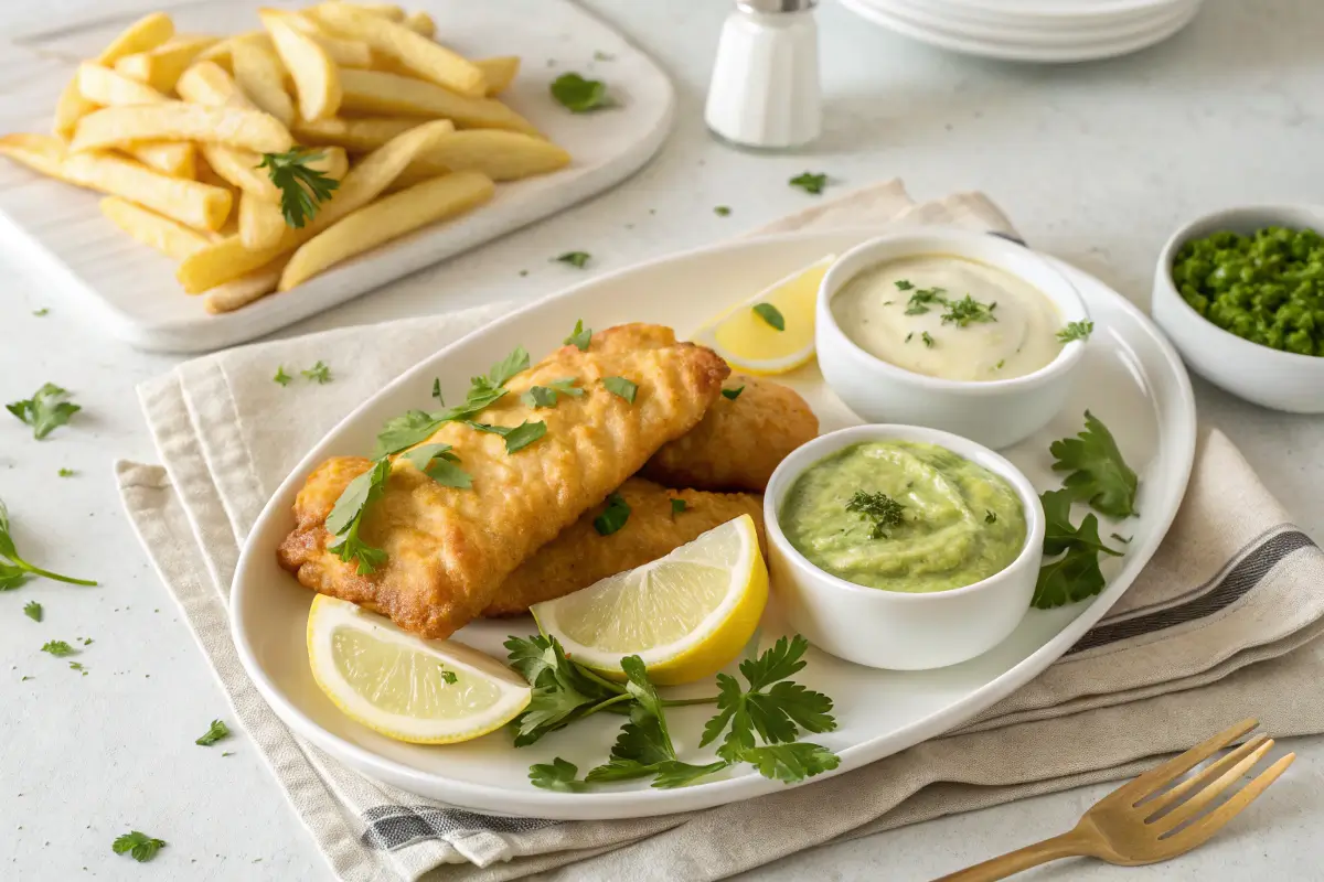 Plated lectin-free fish and chips with dipping sauces and garnish