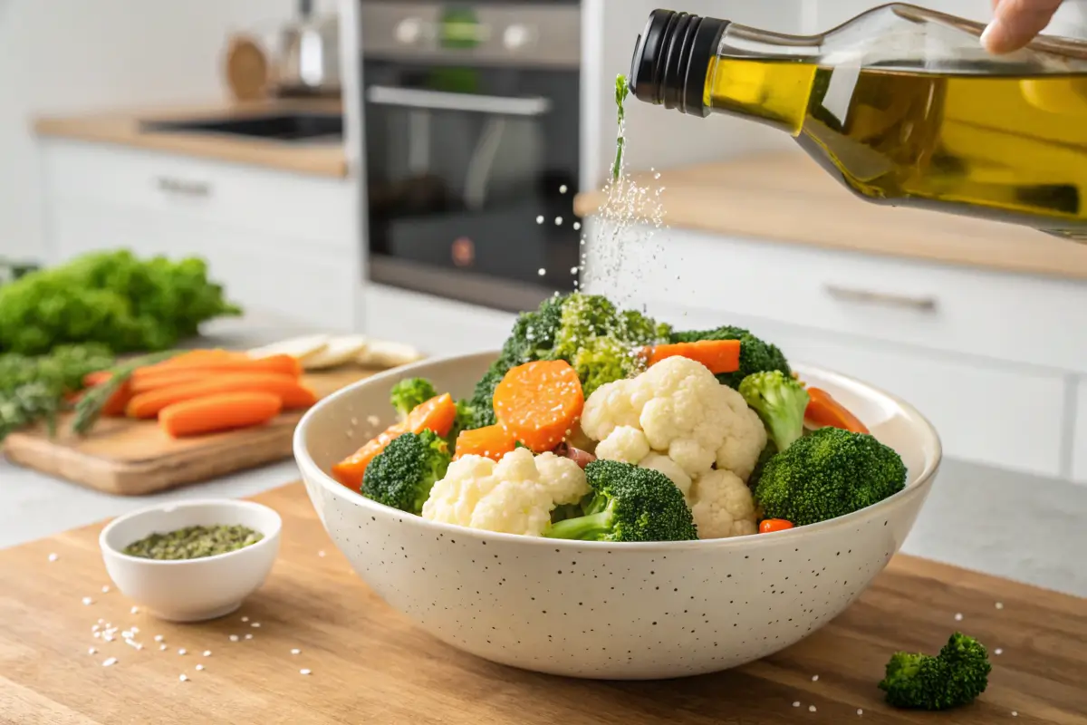 Freshly prepared broccoli, cauliflower, and carrots in a bowl with olive oil.