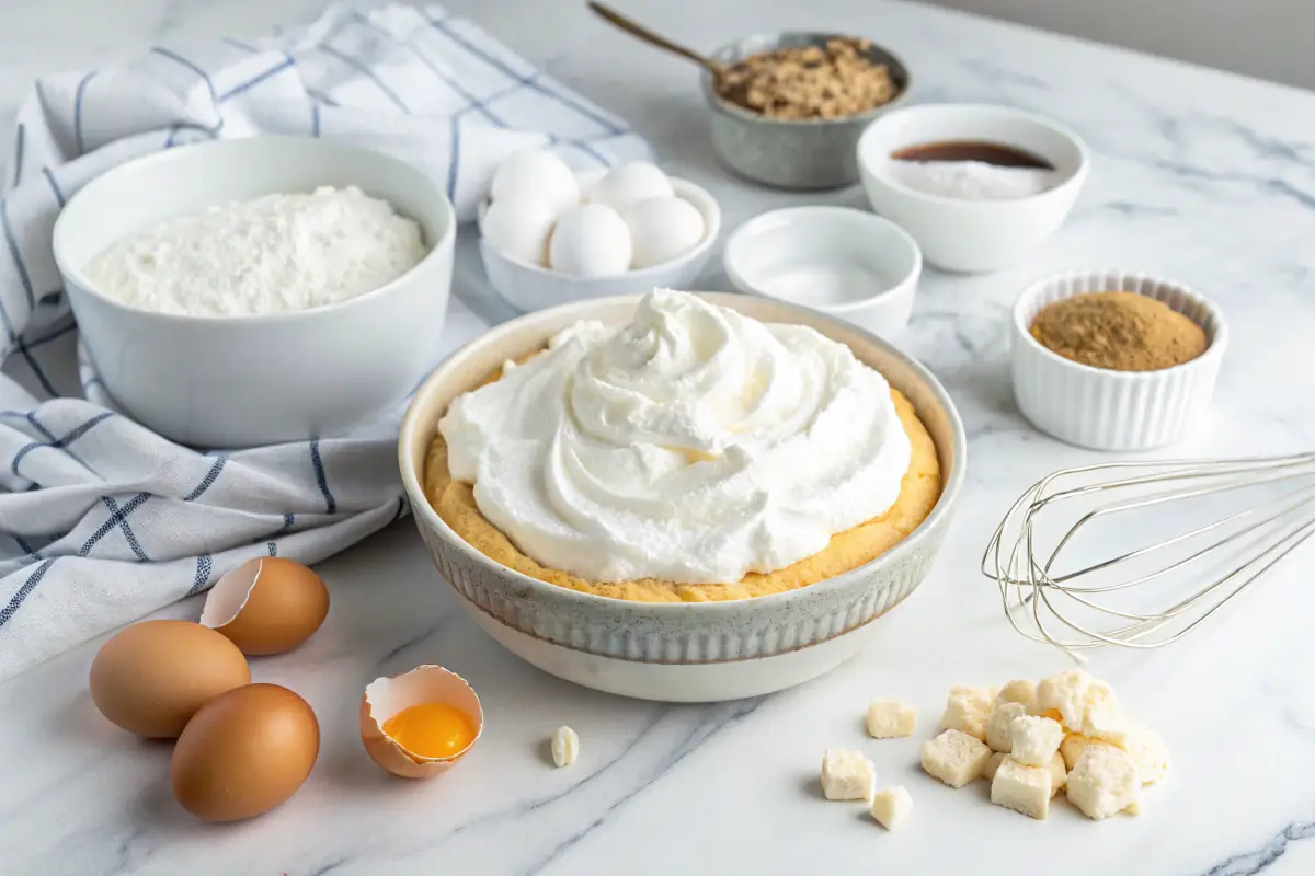 Whipped egg whites with baking ingredients for a cloud cake.