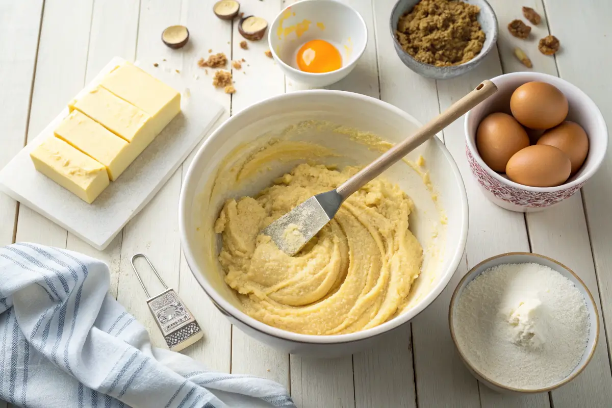 Madeline cookie batter being folded with a spatula in a mixing bowl.