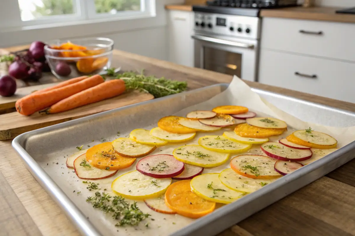 Rutabaga and parsnip chips ready for baking