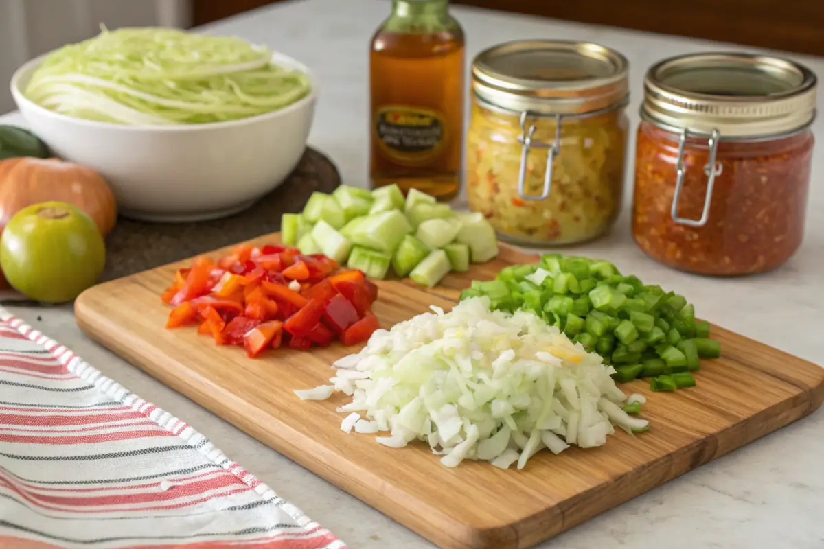 Chopped vegetables for Chow Chow relish on a cutting board.