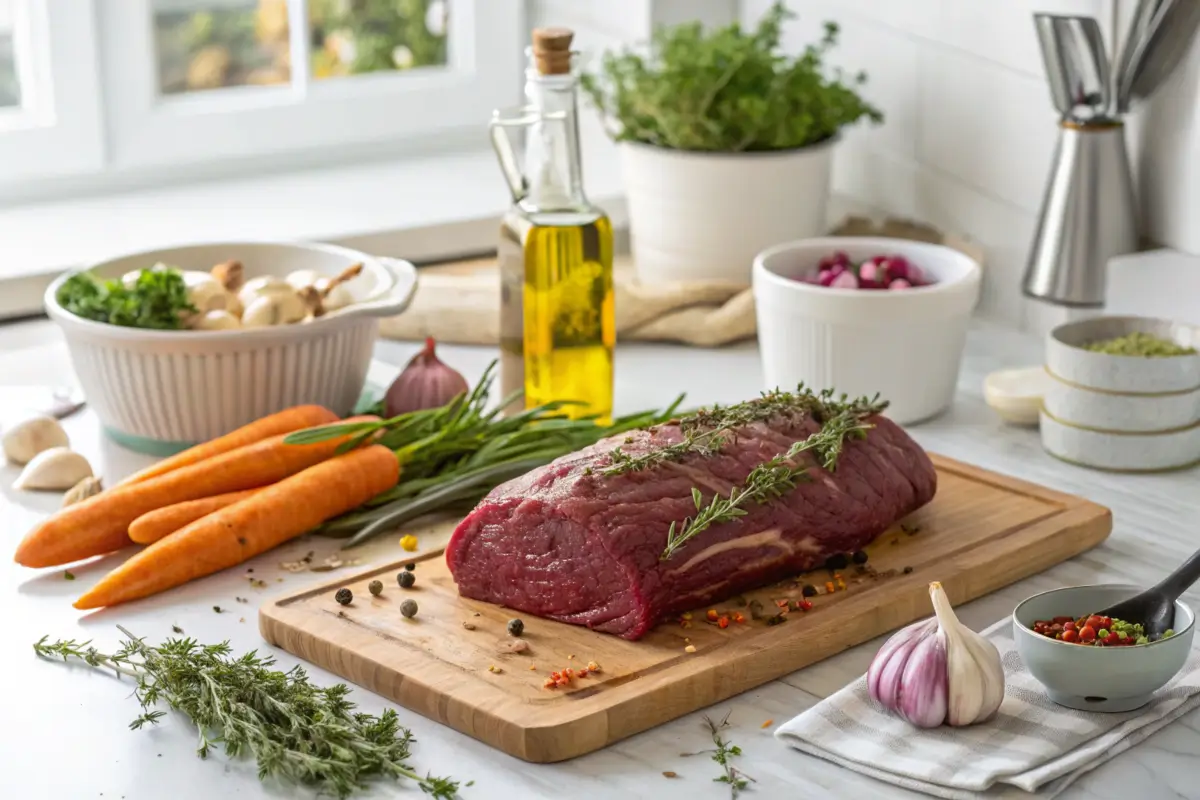 Marinating a raw venison roast with herbs and olive oil.