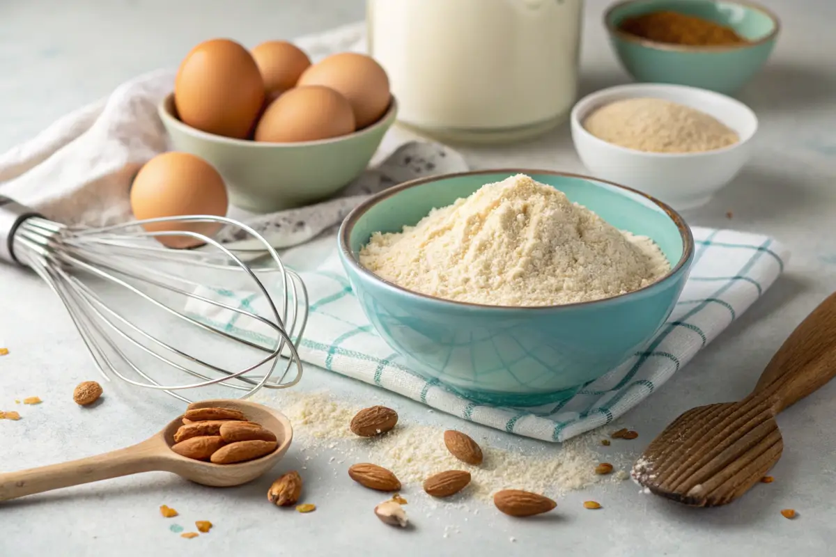 Sifting almond flour into a bowl with baking tools