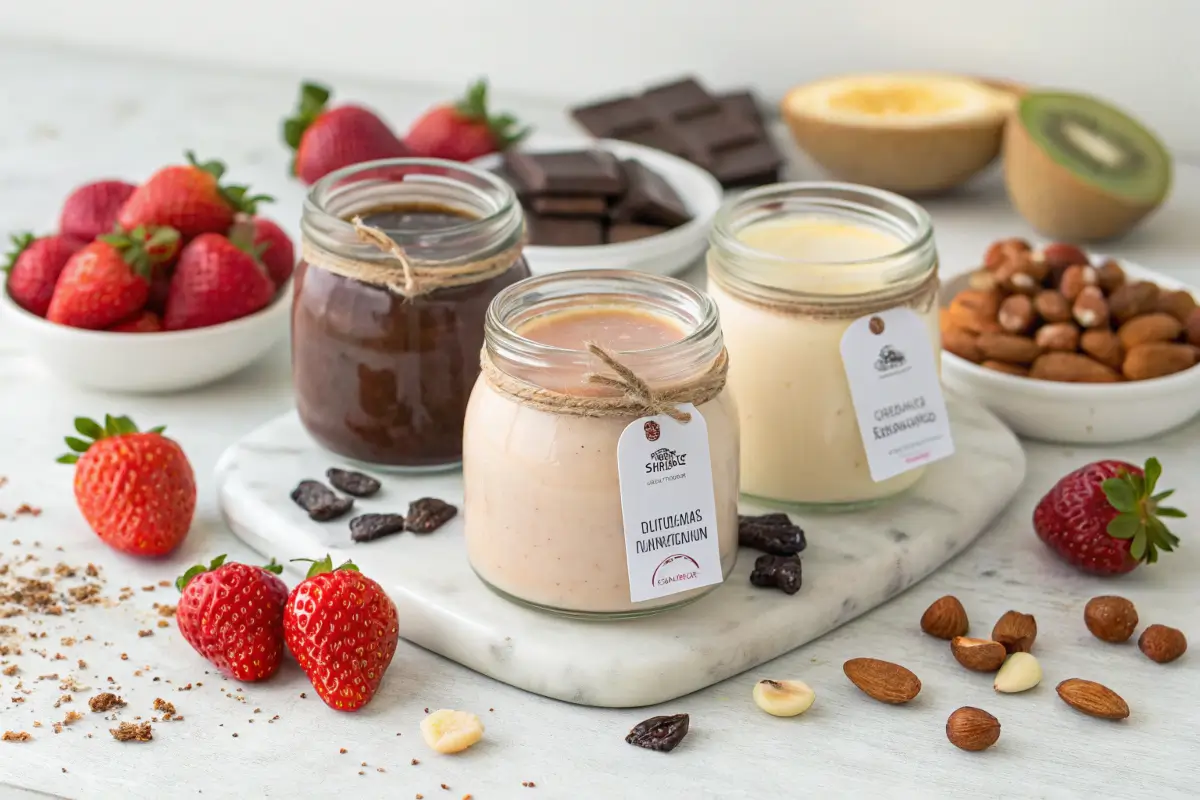 Assorted protein puddings in jars with fresh fruits and nuts.