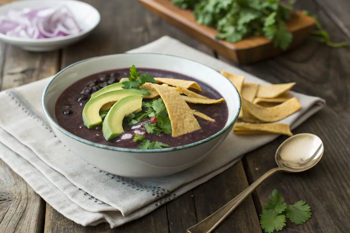 A bowl of purple black bean soup with fresh garnishes on a rustic table.