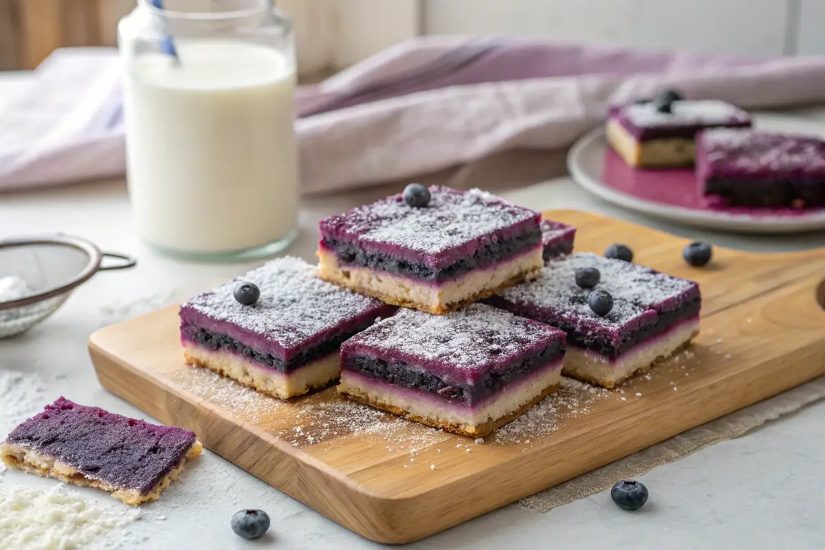 Purple sweet potato bars with blueberry filling on a wooden board.