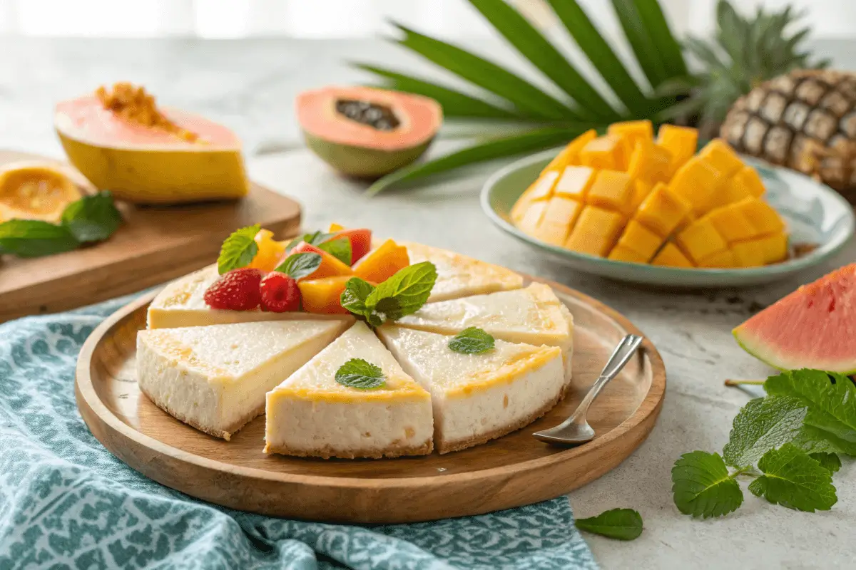 Sliced quesillo served with tropical fruit and mint garnish.