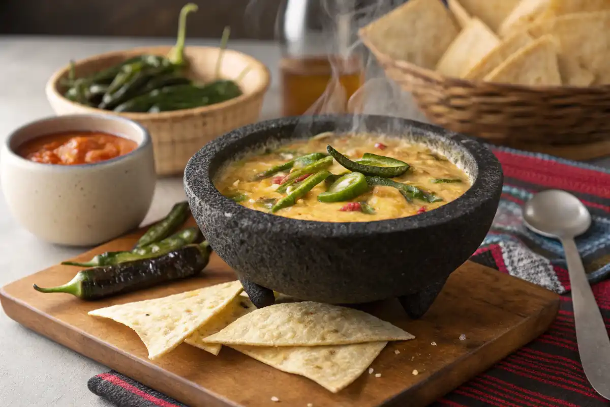 Molcajete with bubbling queso fundido