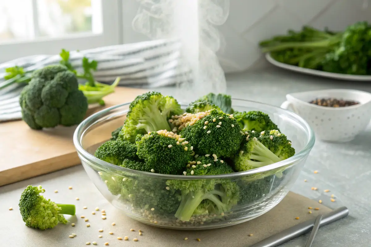 Microwaved broccoli with sesame seeds in a glass bowl.