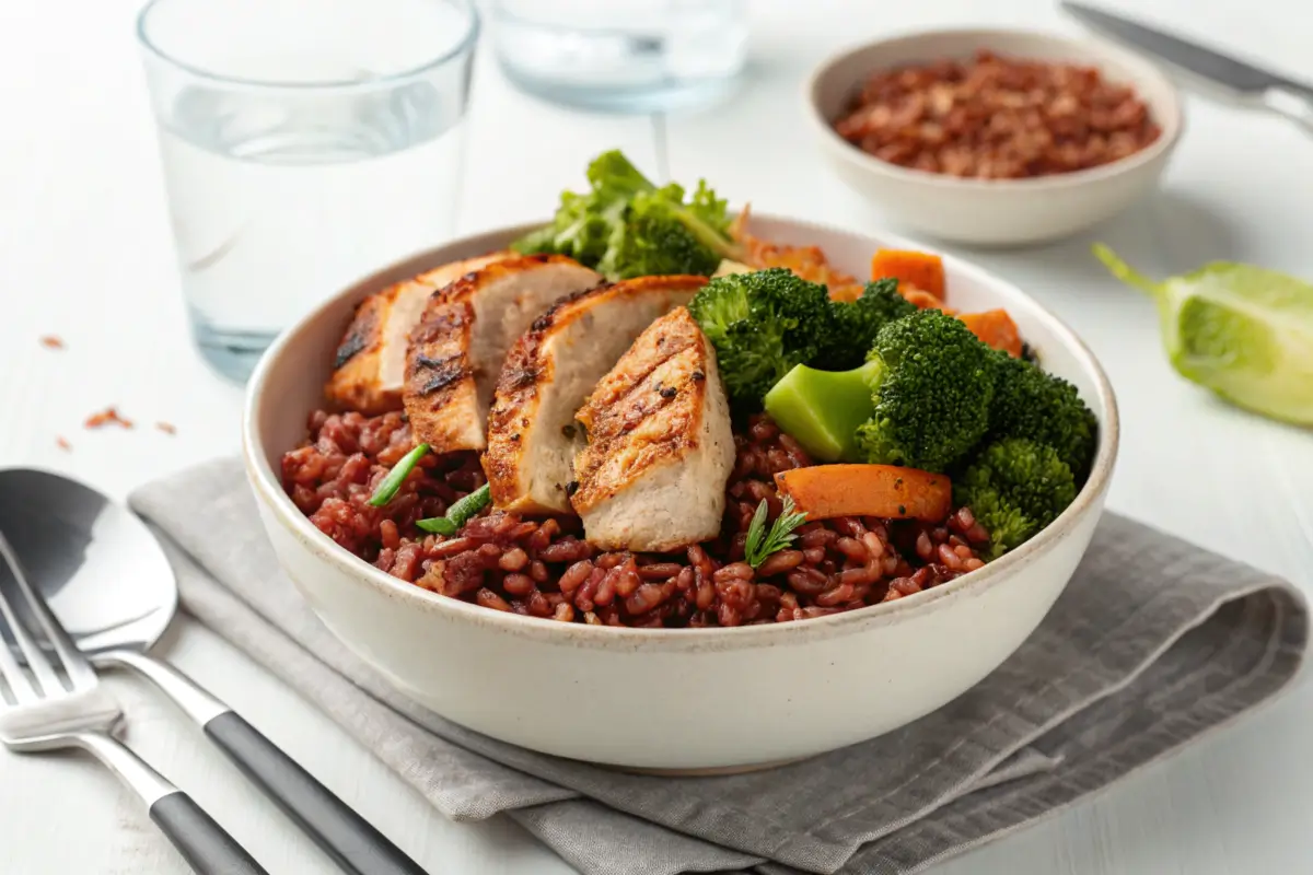 Bowl of red rice with grilled chicken and vegetables.