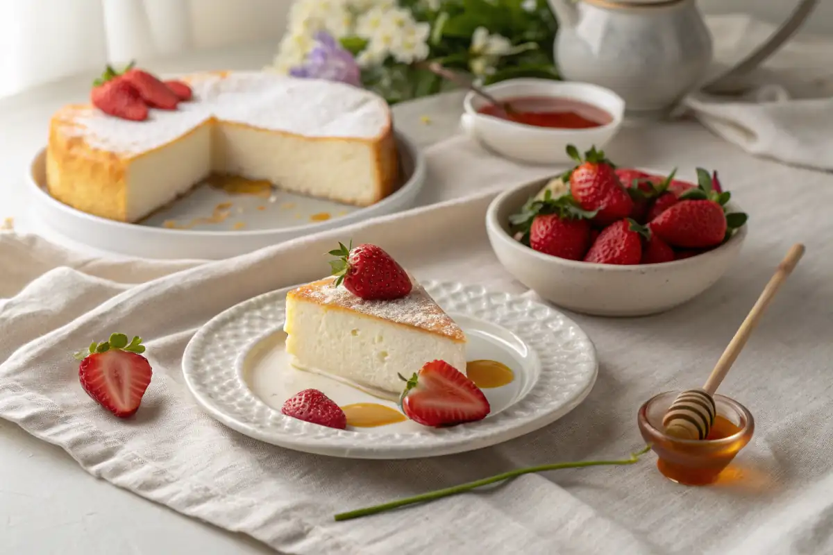 Greek yogurt cloud cake slice with strawberries and honey.