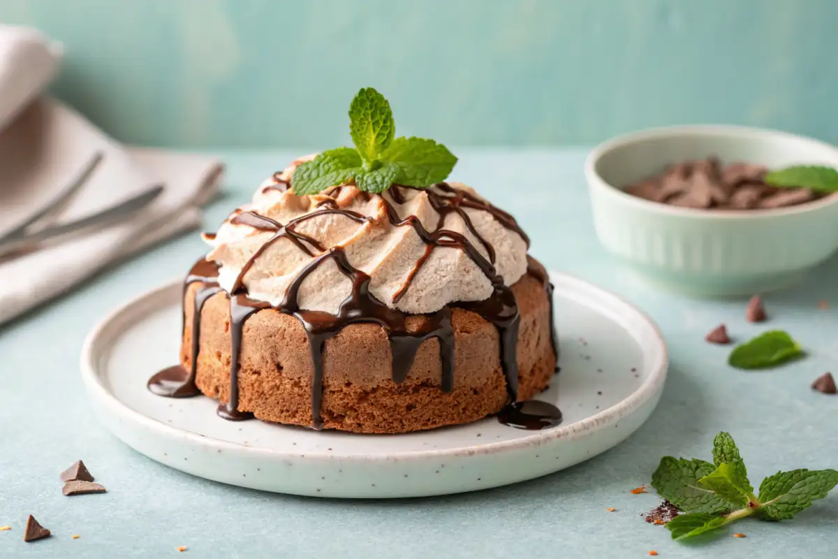 Classic chocolate cloud cake with chocolate drizzle and mint.