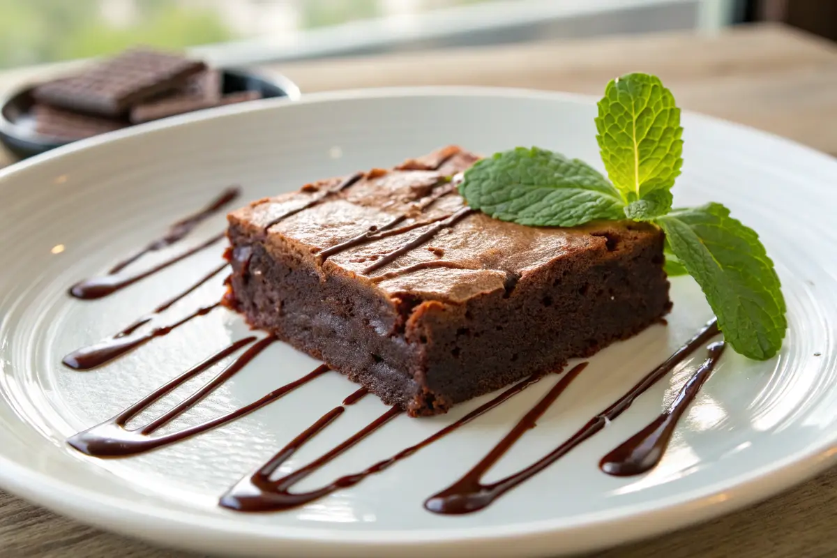 Close-up of a fudgy brownie slice with chocolate sauce