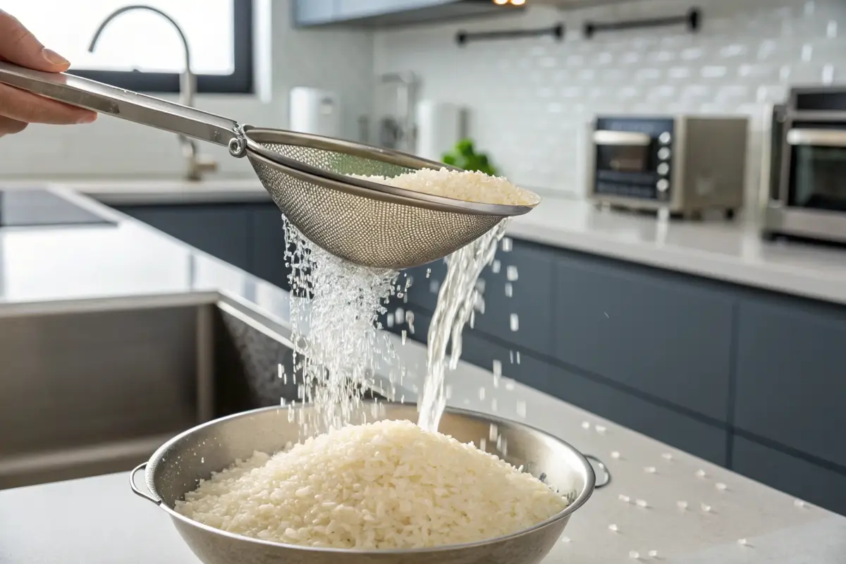 Rinsing jasmine rice under running water in a sieve.