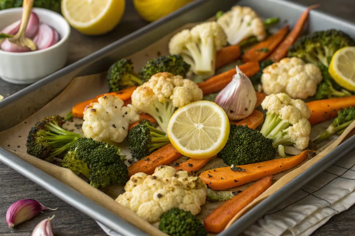 Roasted vegetables with garlic and lemon on a tray.