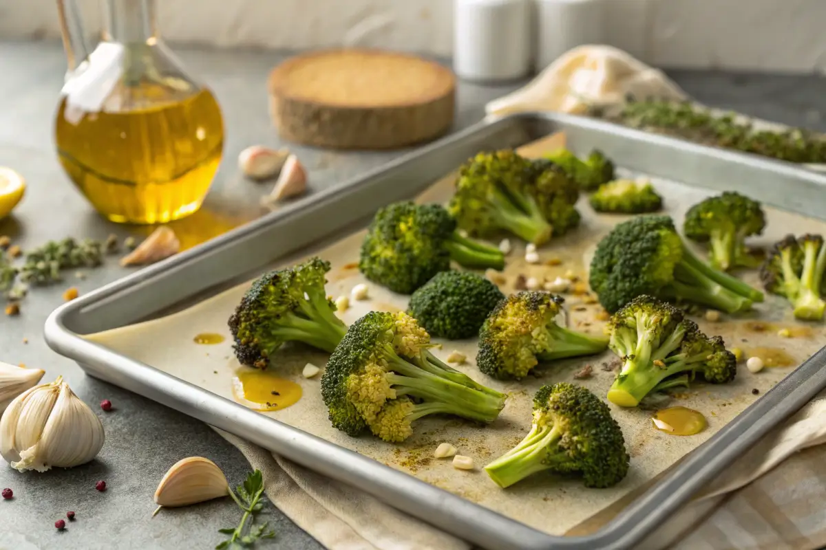 Roasted broccoli with garlic on a baking sheet.