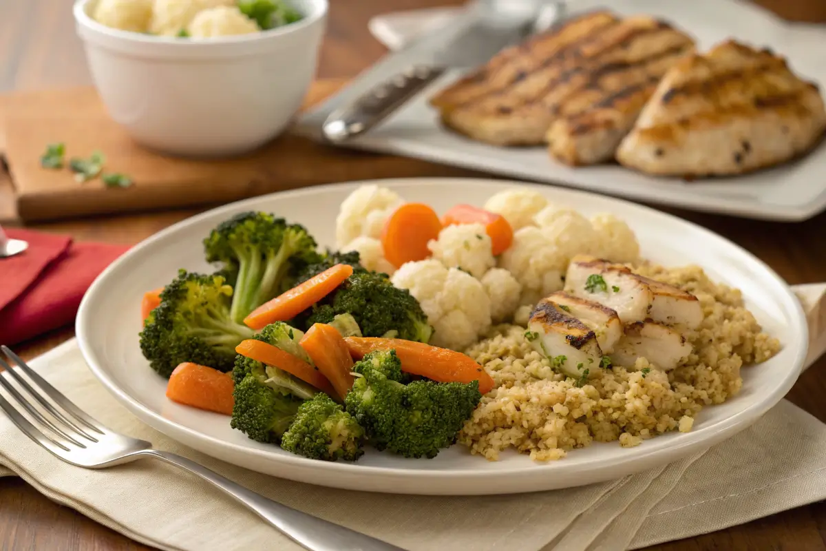 A complete dinner with roasted vegetables, grilled chicken, and quinoa.