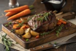 Perfectly roasted venison with herbs and vegetables.