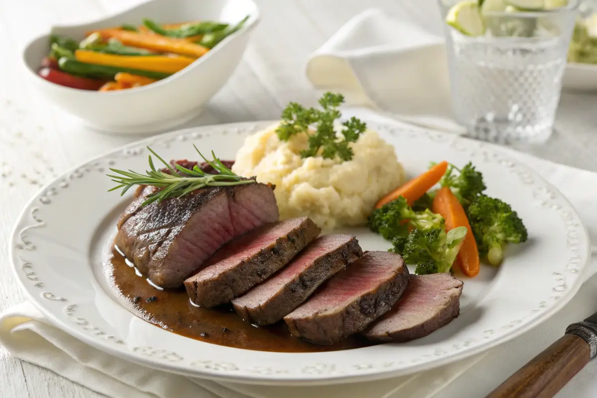 Sliced roasted venison with mashed potatoes and vegetables.