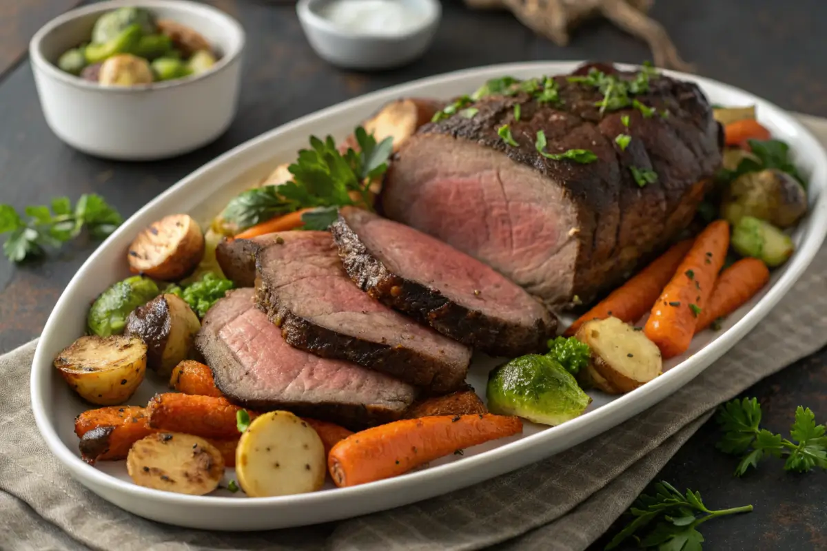 Sliced venison roast with roasted vegetables and fresh herbs.