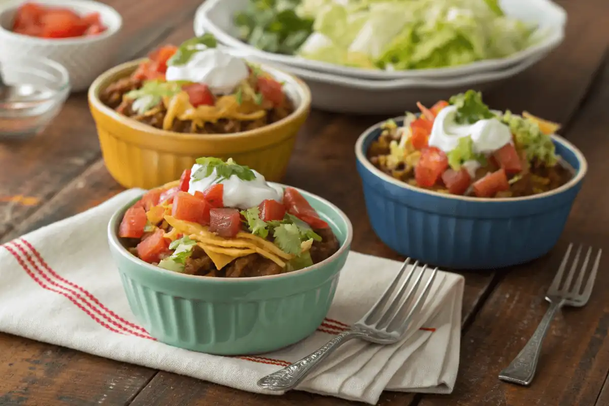 Individual servings of walking taco casserole in bowls.