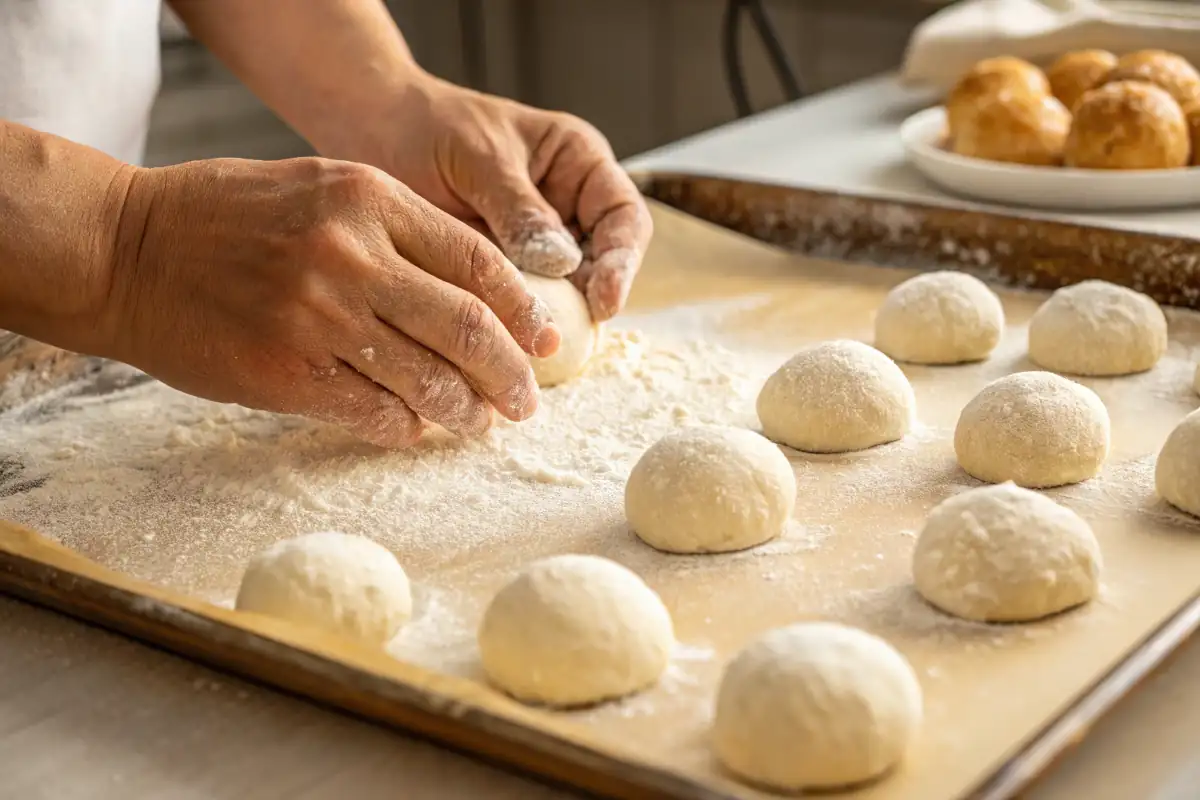 Hands shaping Chilindrinas dough into balls.