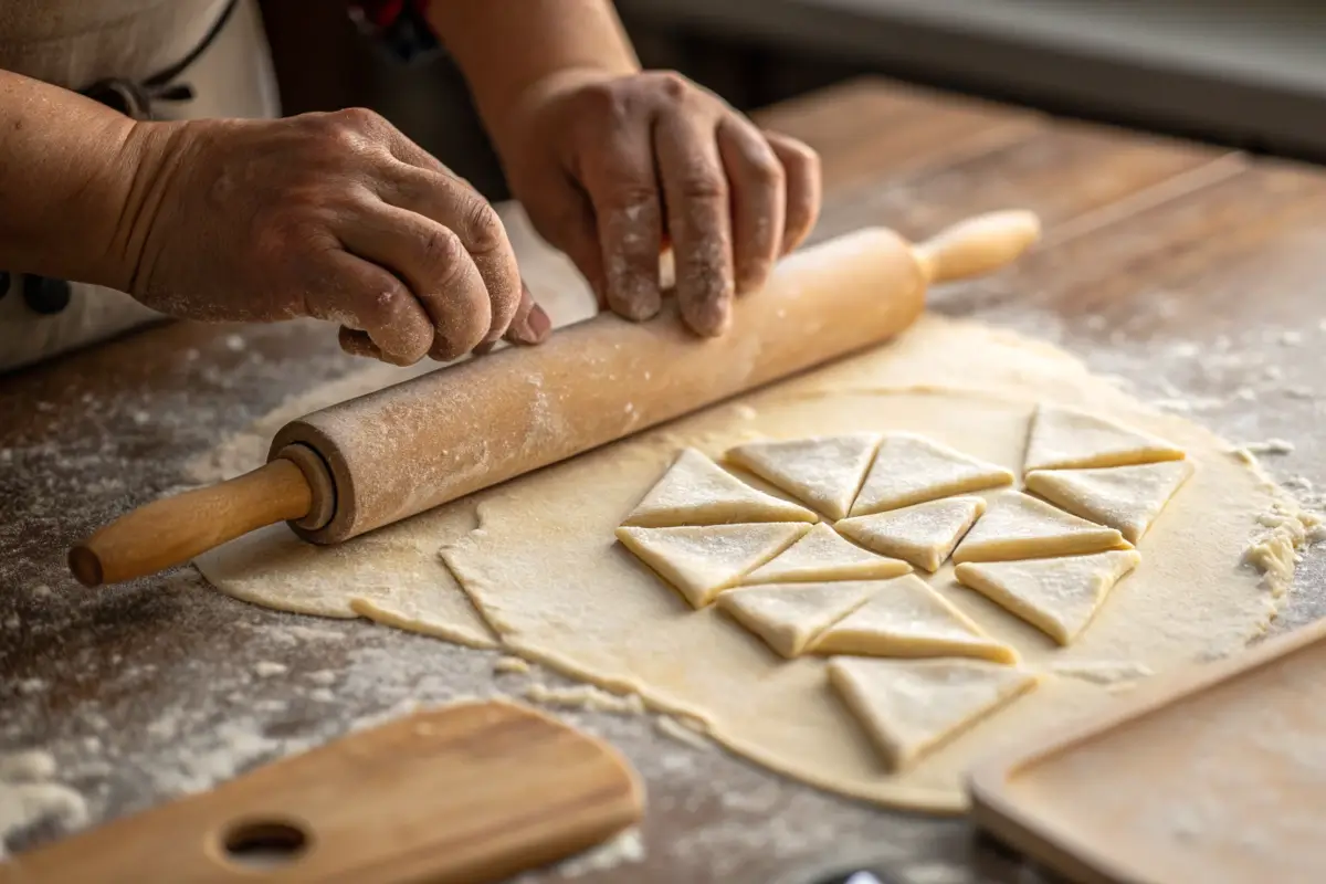 Hands shaping Gipfeli dough into crescents on a floured surface.