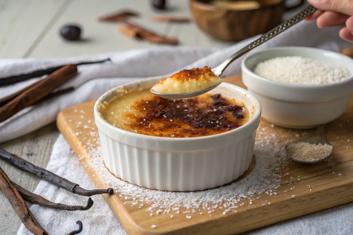 Spoon scooping custard from crème brûlée ramekin