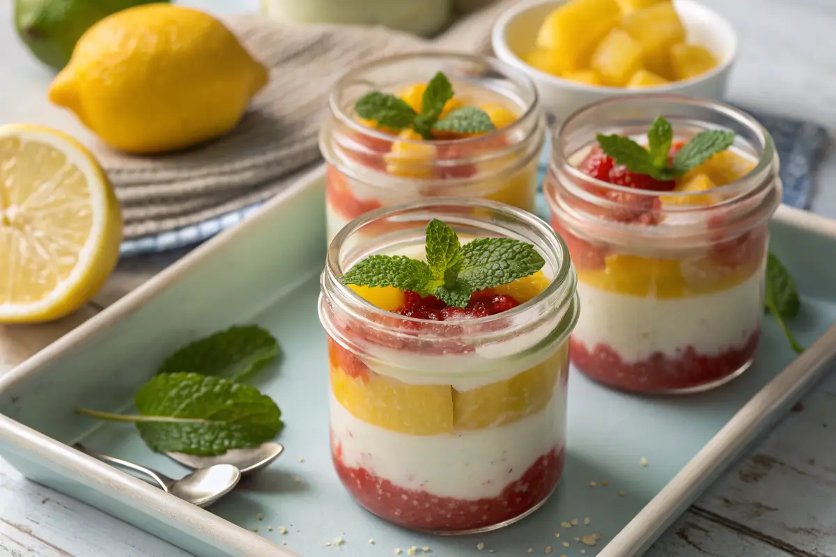 Individual servings of nata fruit pudding in mason jars.