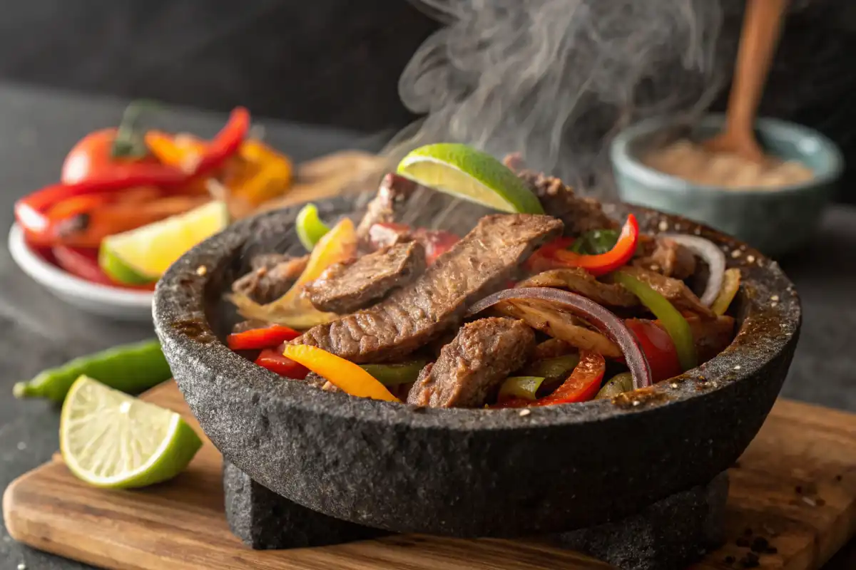 Molcajete filled with sizzling fajitas