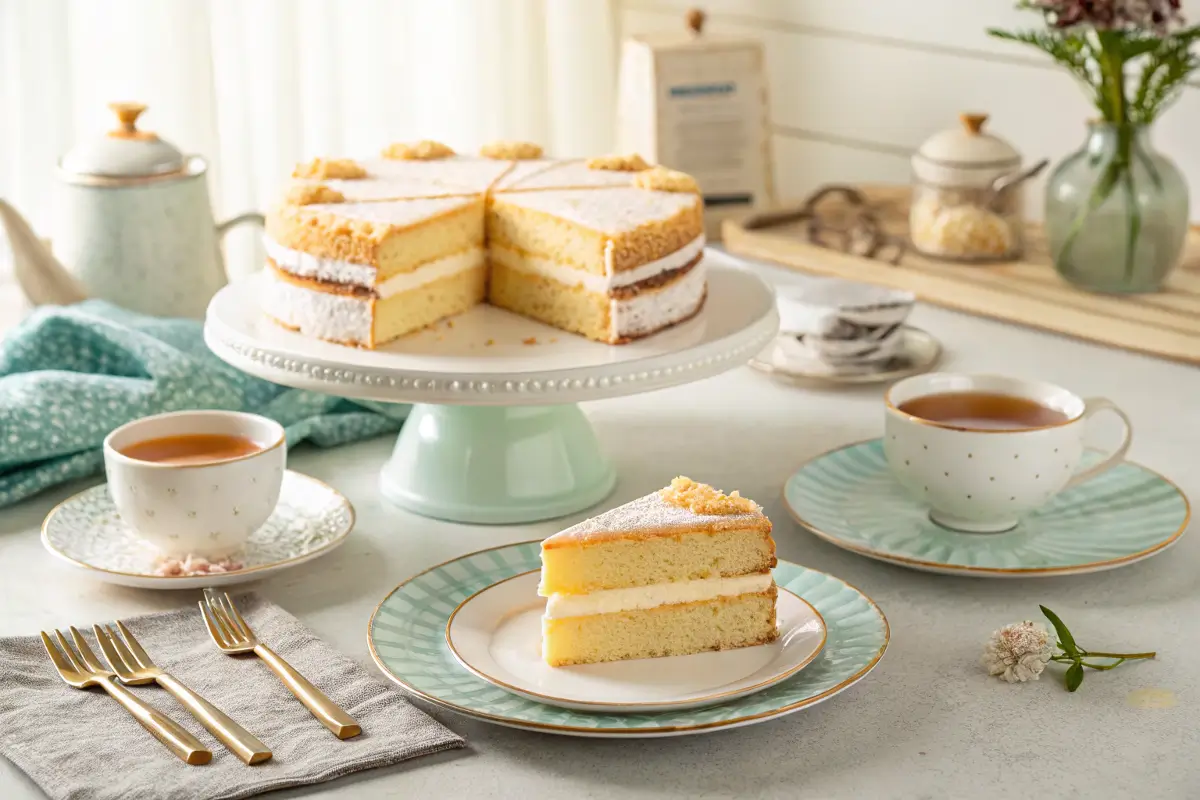 Sliced kefir sheet cake served with tea on dessert plates