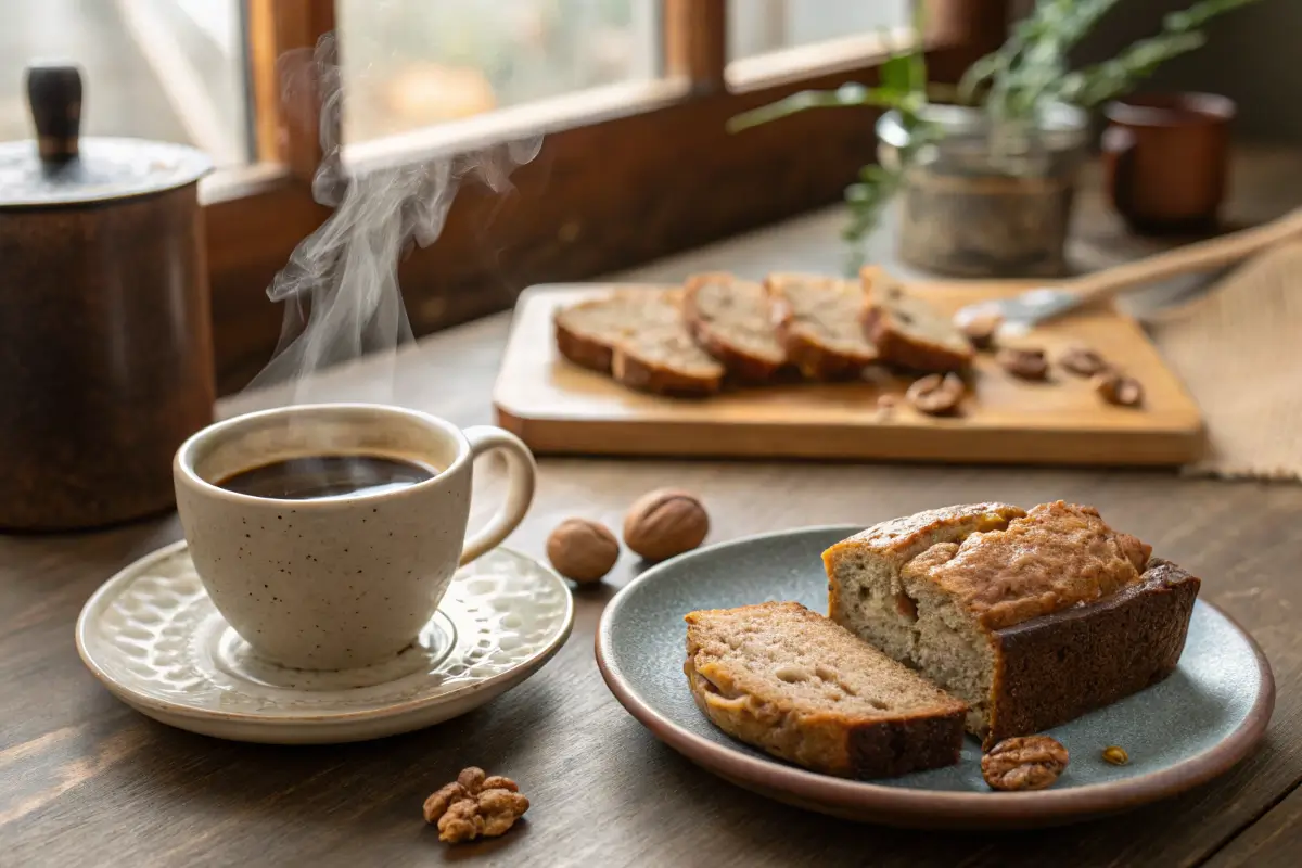 Slice of Starbucks-style banana bread with coffee.