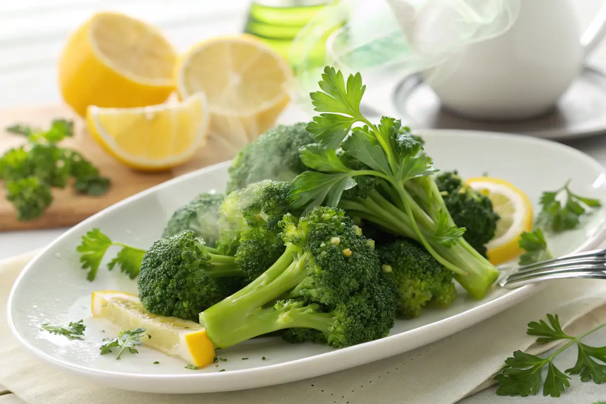 Steamed broccoli with lemon wedges on a white plate.